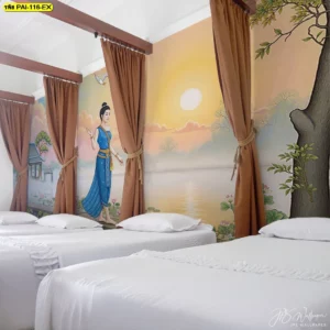 ตกแต่งห้องนวดแผนไทยด้วยภาพพิมพ์ลายวิถีไทย หญิงสาวใส่ชุดไทยสีน้ำเงิน ฉากหลังเป็นวัดและแม่น้ำ ให้ความรู้สึกสงบเงียบ