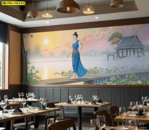 วอลเปเปอร์ลายไทยสั่งพิมพ์ภาพวาดหญิงไทยในชุดสีฟ้าเดินบนสะพานไม้ท่ามกลางบรรยากาศพระอาทิตย์ขึ้นริมน้ำช่วยสร้างความหรูหราให้ผนังร้านอาหาร