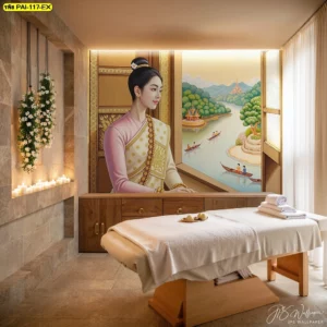 วอลเปเปอร์ลายไทยสปาภาพวาดหญิงไทยสวมชุดพื้นเมืองสไตล์ล้านนาพรีเมียมตกแต่งห้องนวดสปาที่ให้บรรยากาศสงบและผ่อนคลายอย่างเหนือระดับ