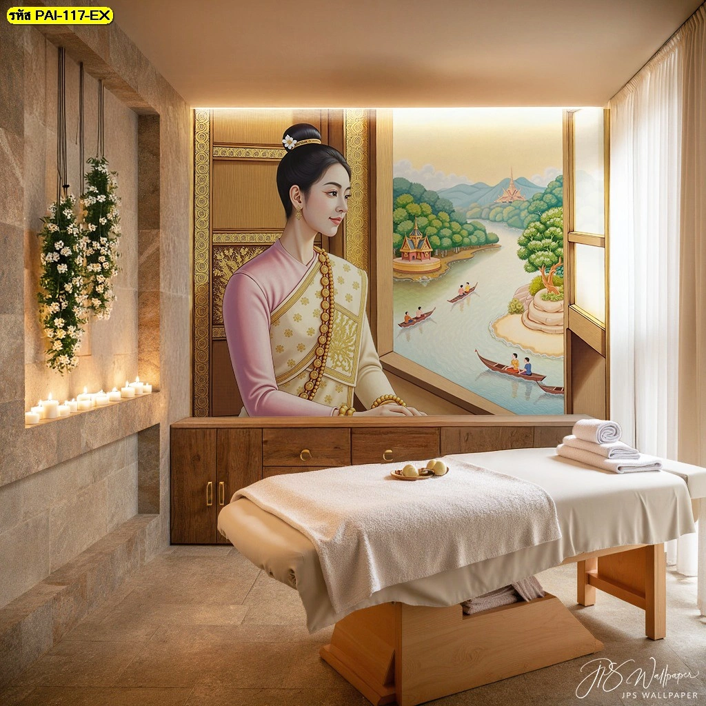 วอลเปเปอร์ลายไทยสปาภาพวาดหญิงไทยสวมชุดพื้นเมืองสไตล์ล้านนาพรีเมียมตกแต่งห้องนวดสปาที่ให้บรรยากาศสงบและผ่อนคลายอย่างเหนือระดับ
