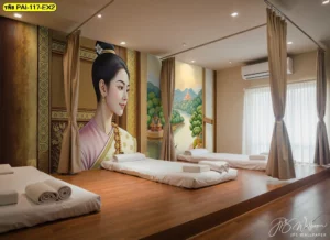 ไอเดียการตกแต่งห้องนวดรวมขนาดกว้างขวางด้วยวอลเปเปอร์ลายไทยสปาร่วมสมัยที่ผสานเข้ากับการจัดวางเตียงนวดไทยและแสงไฟวอร์มไวท์อย่างลงตัว