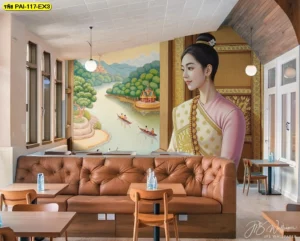 ภาพศิลปะไทยร่วมสมัยติดผนังห้องอาหารลายหญิงไทยสวมชุดพื้นเมืองมองวิวแม่น้ำและศาลาไทยช่วยสร้างบรรยากาศที่ดูสงบและมีเอกลักษณ์เฉพาะตัว