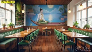 วอลเปเปอร์ลายไทยภาพวาดหญิงไทยนั่งบนเรือพายในสระบัวขนาดใหญ่ตกแต่งผนังร้านอาหารสร้างบรรยากาศแบบไทยดั้งเดิม