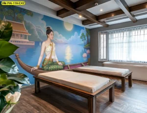 วอลเปเปอร์ติดผนังลายไทย ภาพนางในวรรณคดีนั่งเรือชมดอกบัว ท่ามกลางสายน้ำและแสงจันทร์ เหมาะสำหรับตกแต่งร้านสปาให้ดูพรีเมียม