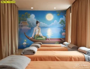 ภาพตกแต่งผนังห้องสปาขนาดใหญ่ ลายหญิงไทยนั่งเรือพายในสระบัว ฉากหลังเป็นศาลาไทยและพระจันทร์เต็มดวง ช่วยเสริมฮวงจุ้ยร้านให้ดูดี