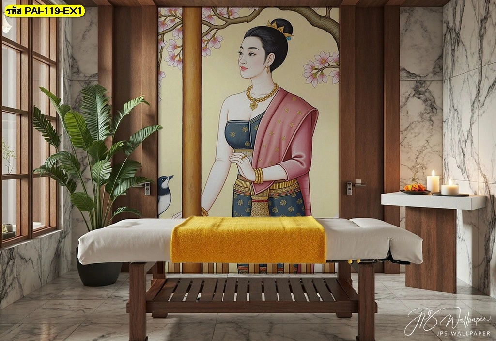 วอลเปเปอร์ตกแต่งห้องนวดไทยภาพหญิงไทยยืนคู่กับต้นซากุระและนก สื่อถึงธรรมชาติที่งดงามช่วยสร้างความสุนทรีย์ให้กับผู้มาใช้บริการ