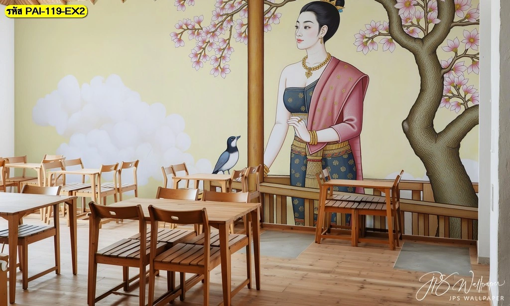 ภาพศิลปะไทยร่วมสมัยติดผนังห้องอาหารลายหญิงไทยกับต้นไม้ประดับดอกไม้สีชมพูดูนุ่มนวลช่วยให้ร้านอาหารดูสว่างขึ้น