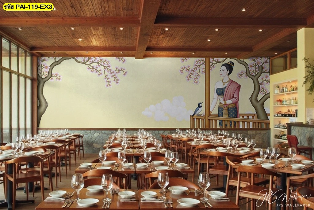 วอลเปเปอร์สั่งพิมพ์ลายไทยตกแต่งร้านอาหารภาพวาดมุมกว้างแสดงวิถีชีวิตที่หรูหราเข้ากับเฟอร์นิเจอร์ไม้ได้อย่างลงตัว