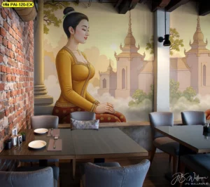 ภาพวาดหญิงไทยสวมชุดสีเหลืองทองยืนหน้าสถาปัตยกรรมไทยโบราณสำหรับใช้เป็น วอลเปเปอร์ลายไทย ตกแต่งผนังร้านให้ดูมีระดับ