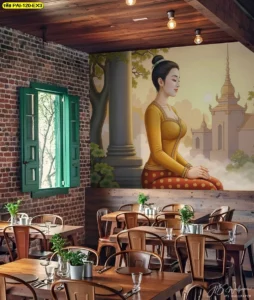 งานจำลองการตกแต่งภายในร้านอาหารด้วย วอลเปเปอร์ลายไทย ภาพหญิงไทยและวัดโบราณในโทนสีอบอุ่นสร้างความน่าสนใจให้กับลูกค้า