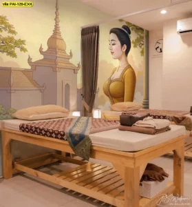 ห้องนวดสปาสีโทนอุ่น ตกแต่งด้วยวอลเปเปอร์ภาพวาดหญิงไทยสวมชุดสีเหลืองทอง ฉากหลังเป็นวัดไทยสวยงาม แสดงถึงเอกลักษณ์ความเป็นไทย