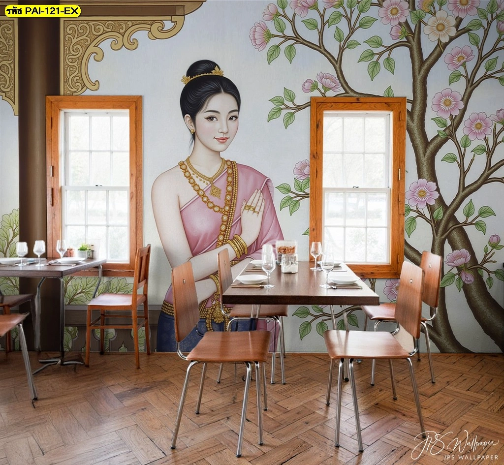 วอลเปเปอร์ลายไทยดีไซน์สวยงามภาพหญิงไทยในชุดสีชมพูพรีเมียมติดตั้งคู่กับหน้าต่างไม้ช่วยเพิ่มมิติให้กับห้องรับประทานอาหาร