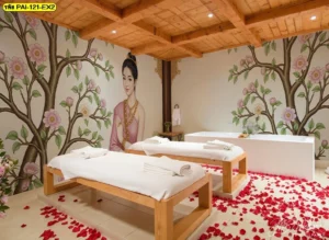 วอลเปเปอร์ลายไทยแต่งร้านสปาสไตล์โมเดิร์นลายดอกบัวและต้นไม้พฤกษาช่วยเพิ่มความละมุนให้กับห้องสปาที่มีอ่างอาบน้ำสีขาวสะอาดตาดูทันสมัยและสะอาด