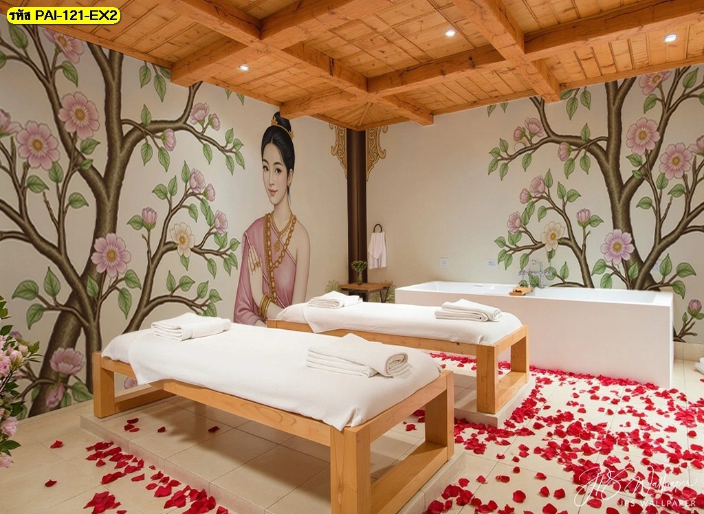 วอลเปเปอร์ลายไทยแต่งร้านสปาสไตล์โมเดิร์นลายดอกบัวและต้นไม้พฤกษาช่วยเพิ่มความละมุนให้กับห้องสปาที่มีอ่างอาบน้ำสีขาวสะอาดตาดูทันสมัยและสะอาด