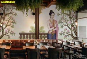 ภาพศิลปะไทยร่วมสมัยติดผนังห้องอาหารลายหญิงไทยประนมมือกลางสวนดอกไม้สวยสะดุดตาช่วยสร้างจุดขายใหม่ให้กับธุรกิจร้านอาหาร