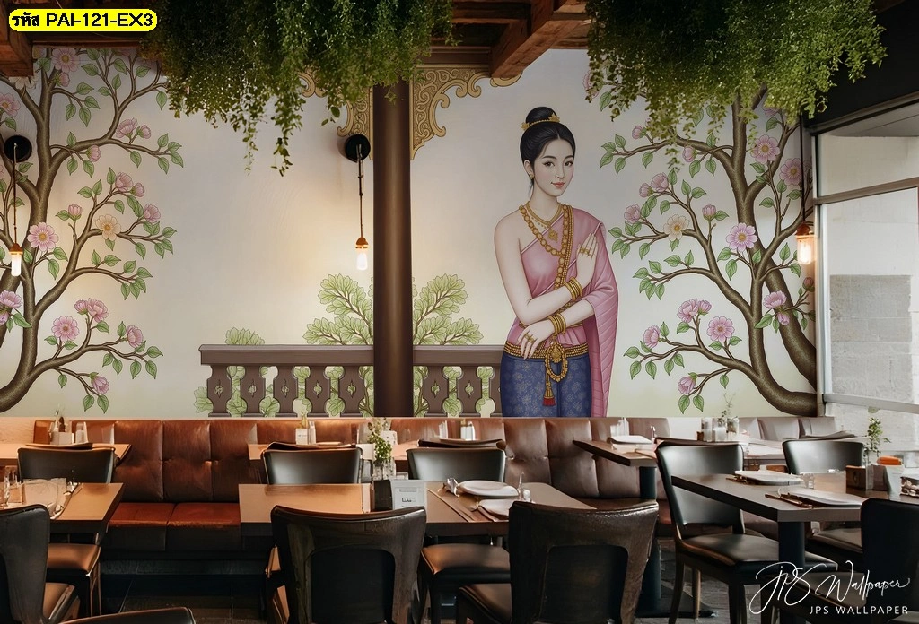 ภาพศิลปะไทยร่วมสมัยติดผนังห้องอาหารลายหญิงไทยประนมมือกลางสวนดอกไม้สวยสะดุดตาช่วยสร้างจุดขายใหม่ให้กับธุรกิจร้านอาหาร