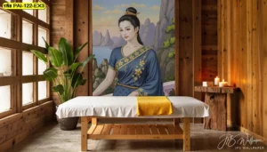ภาพศิลปะไทยโมเดิร์นลายนางสงกรานต์ท่ามกลางวิวภูเขาโบราณสีน้ำเงินเข้มเหมาะสำหรับตกแต่งผนังห้องนวดไทยที่ต้องการเน้นความขรึมและความหรูหราแบบคลาสสิก