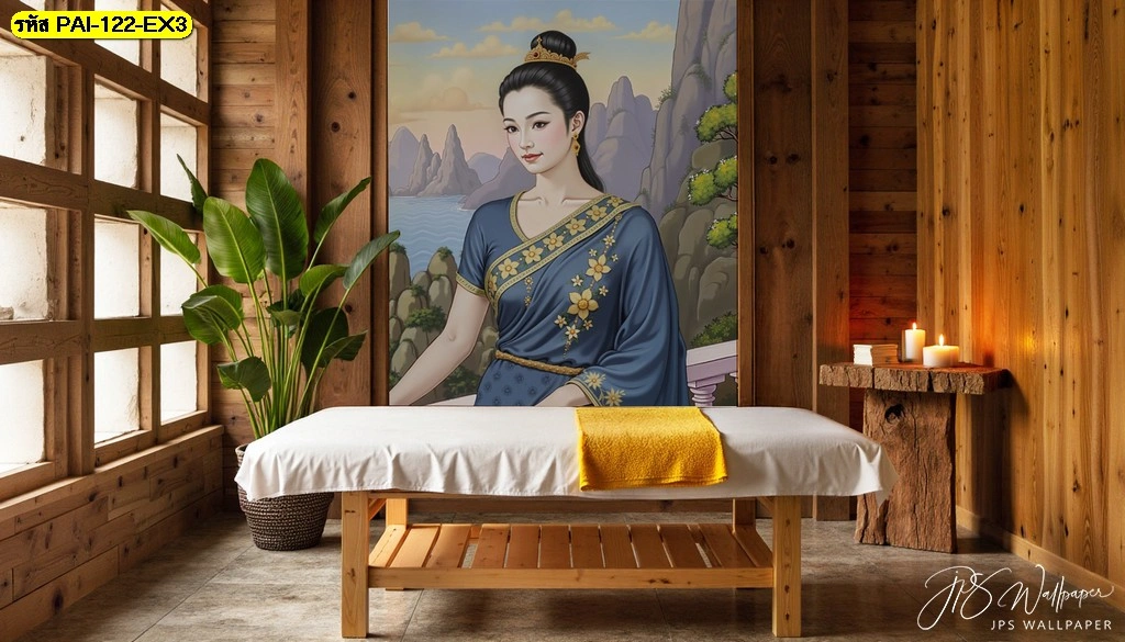 ภาพศิลปะไทยโมเดิร์นลายนางสงกรานต์ท่ามกลางวิวภูเขาโบราณสีน้ำเงินเข้มเหมาะสำหรับตกแต่งผนังห้องนวดไทยที่ต้องการเน้นความขรึมและความหรูหราแบบคลาสสิก