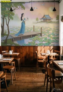 วอลเปเปอร์สั่งพิมพ์ลายไทยตกแต่งร้านอาหารภาพหญิงไทยเดินบนสะพานไม้กลางสระบัวสีเขียวสบายตาสร้างบรรยากาศผ่อนคลายขณะกินข้าว