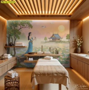 วอลเปเปอร์สั่งพิมพ์ลายไทยโมเดิร์นลายดอกบัวและศาลากลางน้ำท่ามกลางอาทิตย์อัสดงสร้างความรู้สึกอบอุ่นและสงบเงียบเหมาะสำหรับห้องทำทรีตเมนต์