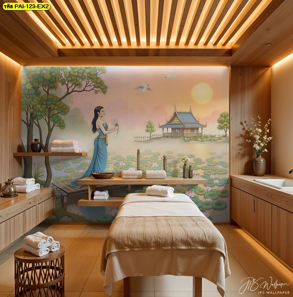 วอลเปเปอร์สั่งพิมพ์ลายไทยโมเดิร์นลายดอกบัวและศาลากลางน้ำท่ามกลางอาทิตย์อัสดงสร้างความรู้สึกอบอุ่นและสงบเงียบเหมาะสำหรับห้องทำทรีตเมนต์