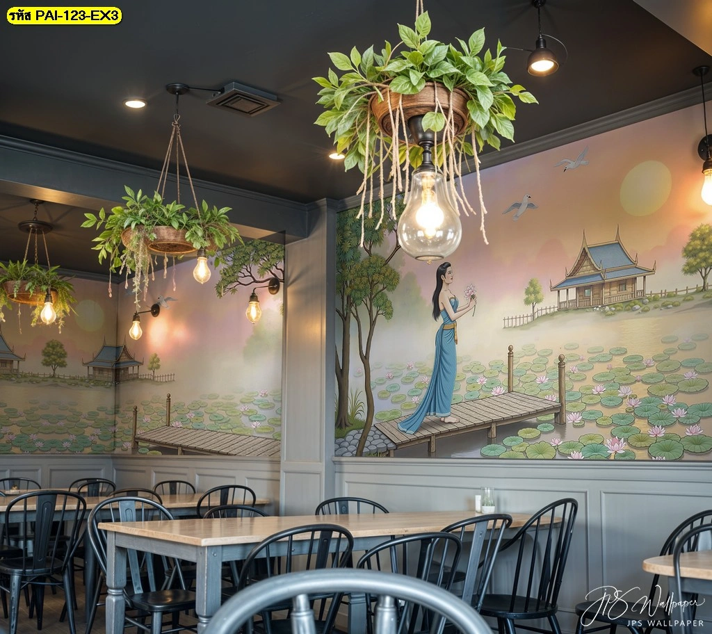 วอลเปเปอร์ลายภาพวาดสระบัวและบ้านทรงไทยโบราณรอบผนังร้านอาหาร ช่วยให้พื้นที่ดูมีเรื่องราวและเอกลักษณ์ไทย