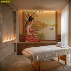 วอลเปเปอร์ลายไทยสปาภาพหญิงไทยนั่งริมน้ำในบรรยากาศเมืองโบราณโทนสีส้มทองช่วยเสริมพลังและสร้างความประทับใจให้กับลูกค้าที่เข้ามาพักผ่อน