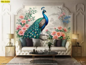 ตกแต่งห้องนั่งเล่นด้วยวอลเปเปอร์นกยูงสีสดใสท่ามกลางพุ่มดอกไม้สีพีชเสริมความรักและความอบอุ่นให้กับสมาชิกทุกคนในครอบครัว