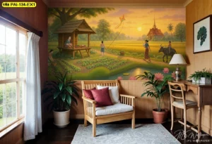 วอลเปเปอร์วิวทุ่งนาย้อนยุค ภาพวาดวิถีชีวิตชนบท การทำนาและเด็กเล่นว่าว ตกแต่งมุมนั่งเล่นในร้านสปา ให้ความรู้สึกอบอุ่นเป็นกันเอง