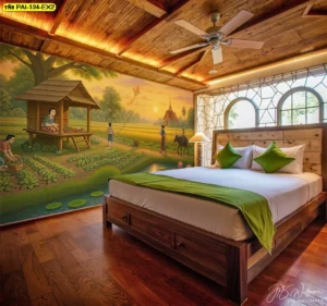 ไอเดียแต่งห้องนอนรีสอร์ทหรือสปาด้วยภาพพิมพ์ลายทุ่งนาสีทอง ภาพชาวบ้านและกระท่อมปลายนา สร้างบรรยากาศธรรมชาติบำบัดที่หาไม่ได้ในเมือง