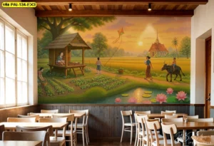 วอลเปเปอร์ลายวิถีชีวิตไทยชนบทแบบภาพวาดแสดงการทำนาและการเล่นว่าวช่วยสร้างบรรยากาศย้อนยุคที่อบอุ่นให้กับร้านอาหารยุคใหม่