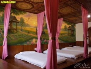ตกแต่งห้องนวดรวมด้วยวอลเปเปอร์ลายวิถีไทยชนบท ภาพทุ่งนาและควายไทย เข้ากับผ้าม่านสีชมพู ช่วยให้ลูกค้าผ่อนคลายสายตา