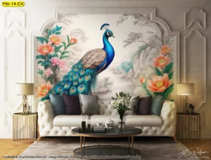 ภาพกราฟิกวอลเปเปอร์นกยูงคู่ดอกไม้สีส้มสดใสตกแต่งผนังหัวเตียงหรือหลังโซฟาเพื่อเพิ่มความโดดเด่นและสร้างจุดสนใจให้กับห้องรับแขกโมเดิร์น