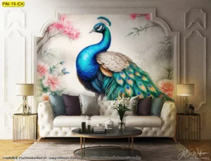 วอลเปเปอร์สั่งทำลายนกยูงสีฟ้าสดใสยืนโดดเด่นตัดกับพื้นหลังสีขาวนวลและดอกไม้สีชมพูอ่อนช่วยให้ห้องดูกว้างขึ้นและสบายตาเหมาะกับบ้านทุกสไตล์