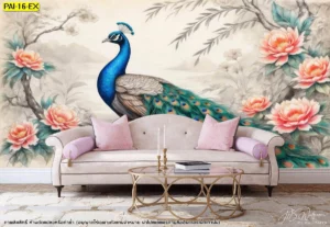 วอลเปเปอร์นกยูงขนาดใหญ่เต็มผนังคู่กับดอกโบตั๋นสีแดงมงคลเสริมความเฮงและเงินทองไหลมาเทมาเหมาะสำหรับผู้ที่ต้องการปรับฮวงจุ้ยบ้านใหม่