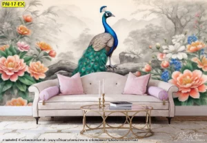 ภาพฉากหลังห้องนั่งเล่นลายสวนสวรรค์ที่มีนกยูงและดอกไม้นานาพันธุ์เบ่งบานสื่อถึงความอุดมสมบูรณ์และความสุขสมหวังตลอดทั้งปี