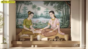 ภาพวาดลายไทยร่วมสมัยแสดงการนวดเท้าท่ามกลางธรรมชาติป่าไผ่และสระบัวที่สวยงามช่วยเน้นย้ำถึงศาสตร์การนวดไทยแบบดั้งเดิมในพื้นที่ร้านที่ทันสมัย