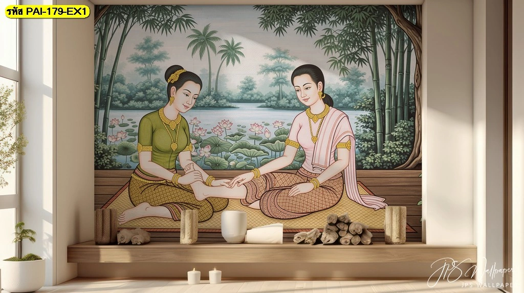 ภาพวาดลายไทยร่วมสมัยแสดงการนวดเท้าท่ามกลางธรรมชาติป่าไผ่และสระบัวที่สวยงามช่วยเน้นย้ำถึงศาสตร์การนวดไทยแบบดั้งเดิมในพื้นที่ร้านที่ทันสมัย