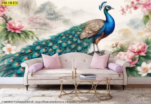 วอลเปเปอร์นกยูงรำแพนหางยาวคู่ดอกโบตั๋นฉากหลังเป็นเก๋งจีนและภูเขาสไตล์ภาพวาดโบราณเสริมบารมีและโชคลาภให้ห้องรับแขกดูหรูหรามีระดับ