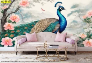 ภาพพิมพ์วอลเปเปอร์นกยูงยืนสง่าริมน้ำคู่กับผีเสื้อและดอกไม้สีหวานช่วยเสริมฮวงจุ้ยด้านความรักและความสุขสมบูรณ์ให้กับสมาชิกในครอบครัว