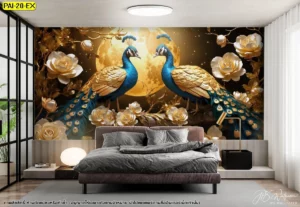 วอลเปเปอร์ลายนกยูงสีทองคู่มงคลบนพื้นหลังพระจันทร์เต็มดวงตกแต่งห้องนอนสไตล์โมเดิร์นลักซัวรี่ให้ดูหรูหรามีระดับและอบอุ่น