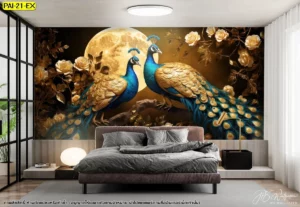ภาพนกยูงกราฟิกงานศิลปะตกแต่งผนังสีทองอร่ามบนกิ่งไม้สวยงามช่วยสร้างบรรยากาศที่ดูแพงและเสริมบารมีให้กับเจ้าของบ้านได้อย่างดีเยี่ยม