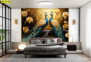 ดีไซน์วอลเปเปอร์ลายนกยูงทองพื้นหลังพระจันทร์ตกแต่งในกรอบผนังสีขาวเรียบหรูคู่กับโคมไฟสีทองเพิ่มมิติให้ห้องนอนดูเป็นสัดส่วน