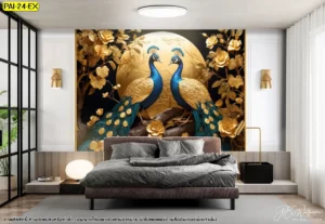 วอลเปเปอร์ลายนกยูงคู่รักมงคลโทนสีทองเหลืองอร่ามท่ามกลางมวลหมู่ดอกไม้ช่วยเสริมความรักและความมั่งคั่งให้ผู้อยู่อาศัยในบ้าน