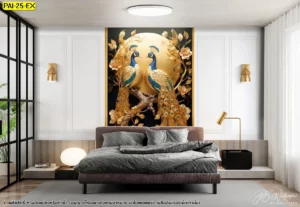 งานศิลปะวอลเปเปอร์ลายนกยูงทองคำทรงพรรณพฤกษาในกรอบผนังสีขาวช่วยยกระดับความหรูหราให้ห้องนอนมีเอกลักษณ์ที่ไม่เหมือนใครและทันสมัย