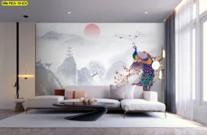 สติ๊กเกอร์ติดกระจกลายนกยูง 3M กันความร้อนลายนกยูงคู่โทนสีเทาโมเดิร์นช่วยเพิ่มความเป็นส่วนตัวและกันแสงแดดในห้องรับแขกหรู