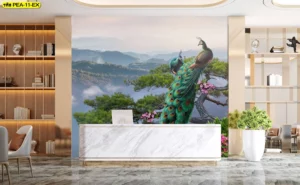 รับพิมพ์วอลเปเปอร์ภาพวิวขนาดใหญ่ตามไซส์ลายนกยูงเกาะต้นสนบนภูเขาสูงสำหรับตกแต่งเคาน์เตอร์ต้อนรับลูกค้าให้ดูหรูหราพรีเมียม