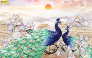 วอลเปเปอร์นกยูง 3D สีน้ำเงินเข้มท่ามกลางหมู่มวลดอกไม้และแสงอาทิตย์ยามเช้าช่วยเสริมพลังอำนาจและบารมีให้แก่เจ้าของบ้าน