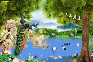 วอลเปเปอร์นกยูงเสริมมงคลลายนกยูงคู่เกาะกิ่งไม้ท่ามกลางวิวทะเลสาบและฝูงนกกระเรียนช่วยเสริมความร่มเย็นเป็นสุขและความมั่งคั่งให้แก่ผู้ที่อยู่อาศัย