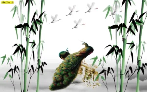 ภาพนกยูงสไตล์จีนมงคลตกแต่งร้านอาหารลายนกยูงคู่ท่ามกลางกอไผ่และนกกระเรียนช่วยเสริมให้อายุยืนยาวและกิจการเจริญรุ่งเรือง